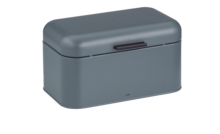 Brotkasten Frisca 30 cm, rechteckig, dunkelgrau matt, Metall mit abgerundeten Ecken und schwarzem Griff auf Weiß.