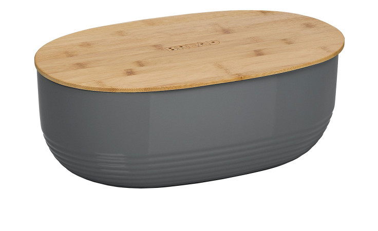 Der Brotkasten Namur ist ein grauer Kunststoff-Brotkasten mit einem Holzdeckel mit der Aufschrift BREAD auf weißem Hintergrund.