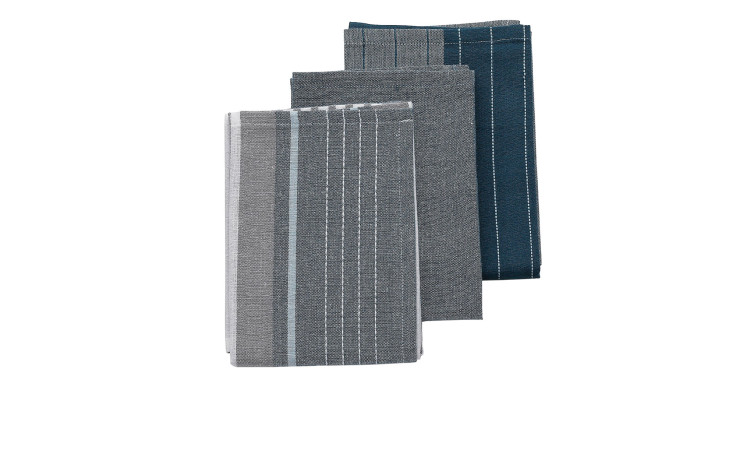 Drei gefaltete Geschirrtuch-Set Pasado 3 tlg. Handtücher mit Streifen gestapelt, die Tiefe vor einem weißen Hintergrund hinzufügen.
