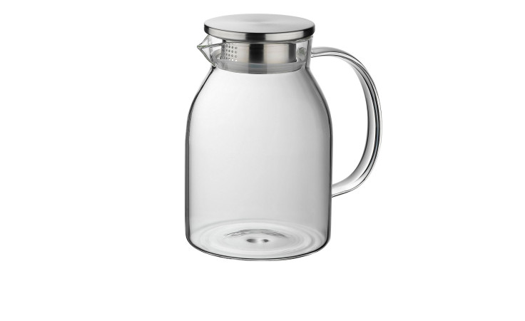 Universalkanne Luna 1750 ml, transparentes Glas mit Metalldeckel und Henkel, 12 cm Durchmesser, auf weißem Grund.
