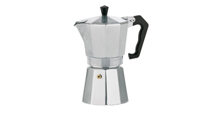 Espressokanne Italia 300 ml, silbernes Aluminium mit schwarzem Griff, 17 cm hoch, auf weißem Hintergrund.