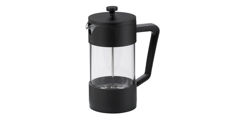 Der Kaffeebereiter Roma 1 l ist eine Glaspresse mit schwarzem Griff, abgebildet auf weißem Hintergrund.