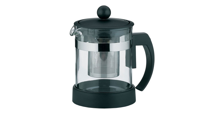 Teekanne Auron 0,7 l: Transparente Teekanne aus Glas mit schwarzem Kunststoffdeckel, Griff, Boden und Metalleinsatz im Inneren.