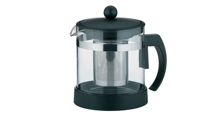 Teekanne Auron 1 l: Teekanne aus transparentem Glas mit schwarzem Henkel, Deckel und Metalleinsatz auf weißem Grund.