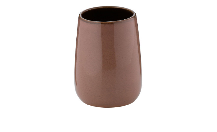 Eine braune, glänzende Becherliane mit glatter Oberfläche, 8 cm Durchmesser und 10 cm Höhe, auf weißem Grund.