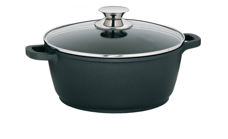 Fleischtopf Kerros 20 cm: schwarzer Aluminium-Kochtopf mit zwei seitlichen Griffen und Glasdeckel mit Metallknauf.