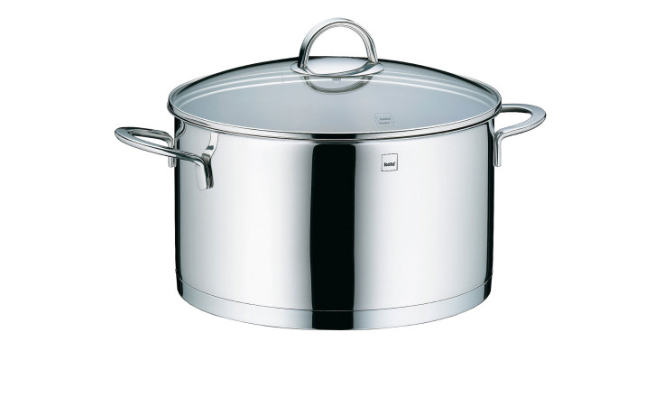 Der Fleischtopf Cailin 24 cm ist ein glänzender silberfarbener Edelstahltopf mit zwei Griffen und einem Glasdeckel.