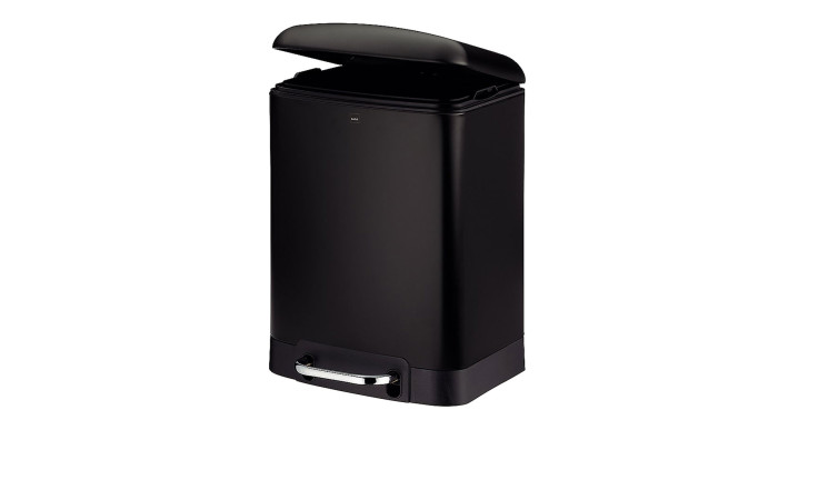 Treteimer Davino 6 l in Schwarz matt Metall, ca. 32 cm, mit teilweise offenem Deckel, auf weißem Hintergrund.