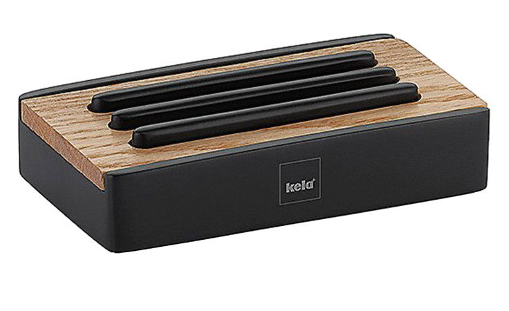 Seifenschale Cube, rechteckig, schwarz matt und holz, horizontal geschlitzt, mit kela Logo, aus Polyresin.