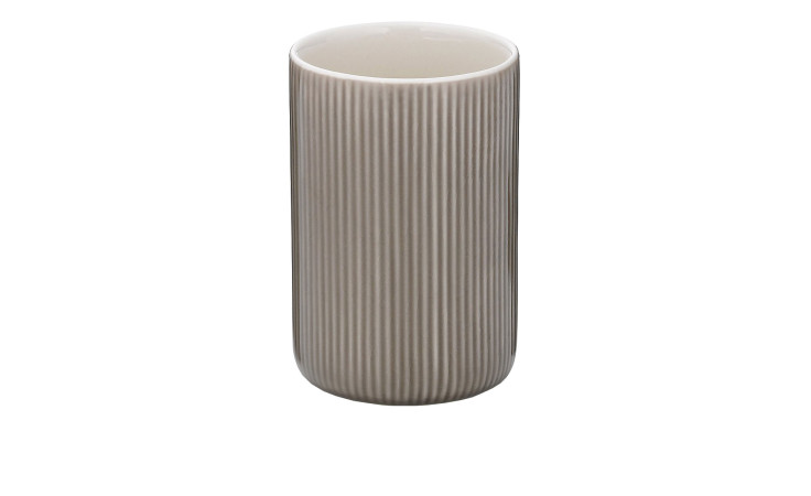 Becher Ava, eine hohe zylindrische Vase in Beige und Grau mit vertikalen Rillen, steht 10 cm hoch vor weißem Hintergrund.