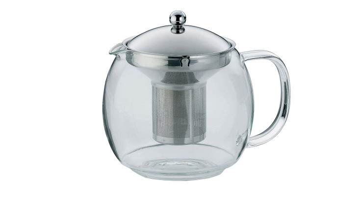 Teekanne Cylon 1,5 l Teekanne aus Glas, 15 cm, mit Teesieb und Deckel aus Metall, auf weißem Hintergrund.