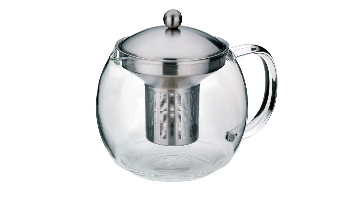 Teekanne 1,2 l Cylon: Teekanne aus transparentem Glas mit Metalleinsatz und Deckel, 14 cm Durchmesser, auf weißem Grund.