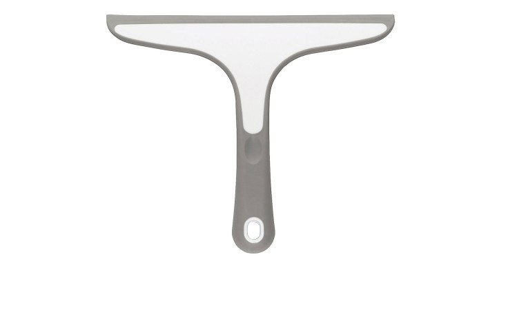 Duschabzieher Tess in Grau und Weiß mit breiter Klinge und Loch im Griff, auf weißem Hintergrund isoliert.