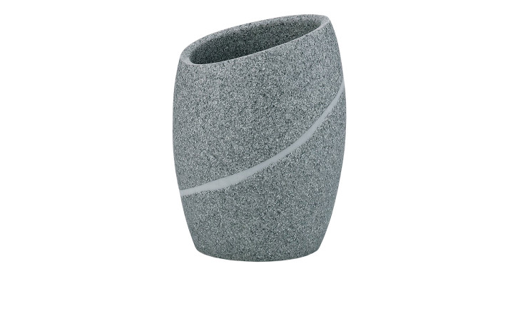 Grauer Zahnbürstenhalter Talus 11 cm, strukturiertes Polyresin mit schräger Spitze und weißem Streifen, auf weißem Grund.