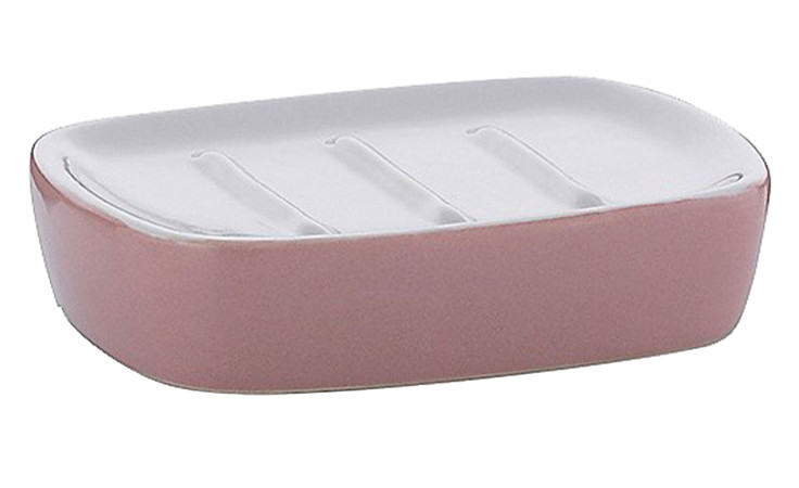 Seifenschale Lindano 12 cm: Rechteckige Seifenschale aus Keramik, Sockel in Rosa, Deckel in Weiß, drei Abflussrillen.
