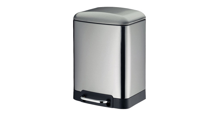 Silberfarbener Kosmetikeimer Davino 6 l aus Edelstahl, rechteckig mit Fußpedal und schwarzem Sockel vor weißem Hintergrund.