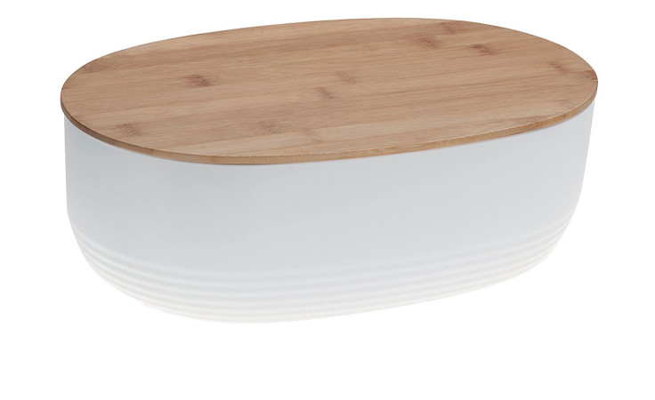 Brotkasten Namur, oval, weißer Kunststoff mit Holzfarben-Deckel und geriffelter unterer Partie, 23x14x37,5 cm.
