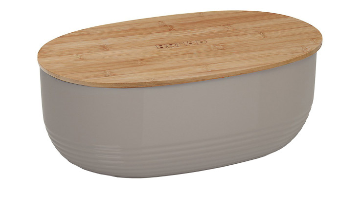 Der Brotkasten Namur (23 x 14 x 37,5 cm) ist ein Brotkasten aus Kunststoff mit einem Holzdeckel, der oben mit BREAD beschriftet ist.