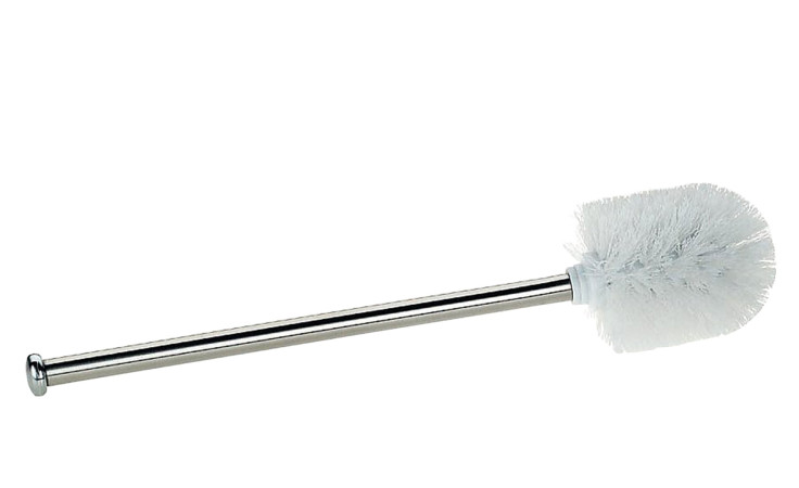 Die WC-Bürste Pulcro 7,5 x 35,5 cm ist eine silberne Edelstahl-Toilettenbürste mit einem weißen Borstenkopf.