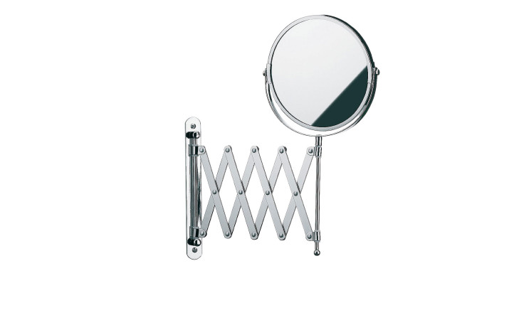 Wandspiegel Avita 18,5 x 35,5 cm mit silbernem Akkordeonarm, wandmontiert und ausziehbar, vor weißem Hintergrund.