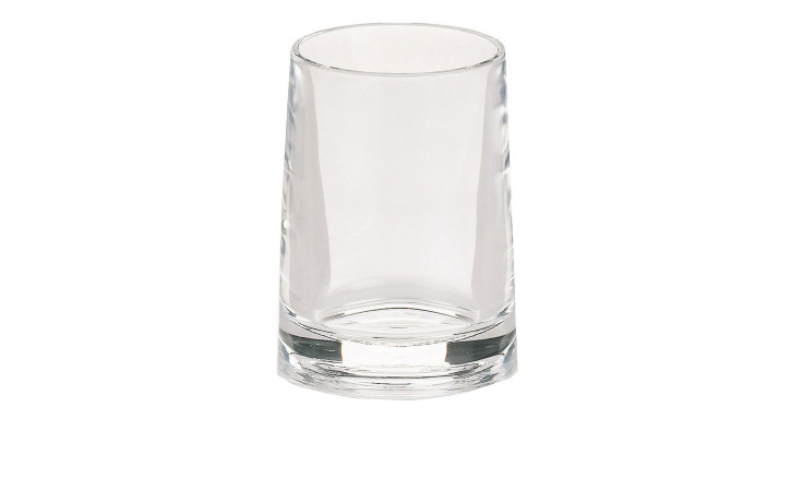 Der klare Becher Sinfonie 7,5 x 9,5 cm steht aufrecht auf weißem Grund.