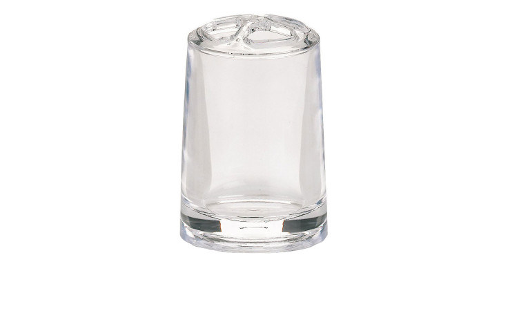 Ein Zahnbürstenhalter Sinfonie, 7,5 x 11 cm, mit transparenter Oberfläche und perforiertem Kunststoffdeckel auf weißem Grund.
