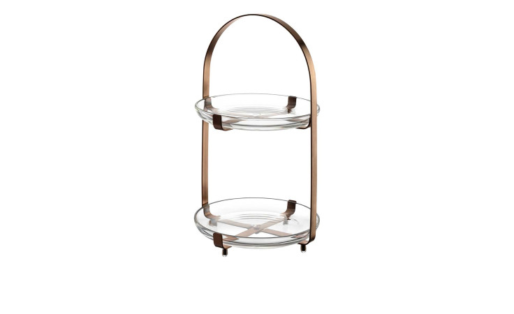 Leonardo Etagere Cucina 2-tlg: Zweistöckiges Serviergestell mit Klarglasplatten und einem Metallrahmen mit gebogenem Griff.