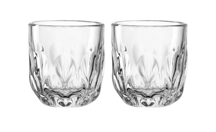 Leonardo Espressoglas Gocce 2er-Set (40 ml) - zwei strukturierte Glasbecher nebeneinander auf weißem Hintergrund.