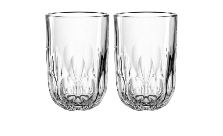 Zwei Leonardo Latte-Macchiatoglas Gocce 280ml Gläser in einem Satz von 2 auf einem weißen Hintergrund.