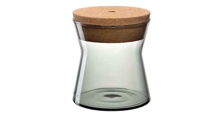 Die Leonardo Dose Forma X 500 ml ist ein klares Glasgefäß mit Korkdeckel, perfekt für die Dekoration, abgebildet auf weißem Hintergrund.