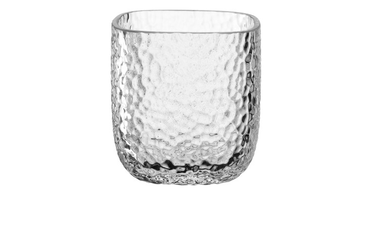 Tischlicht Martello: Transparenter, strukturierter Glasbecher mit gehämmerter Oberfläche, ideal für stilvolle Dekorationen.