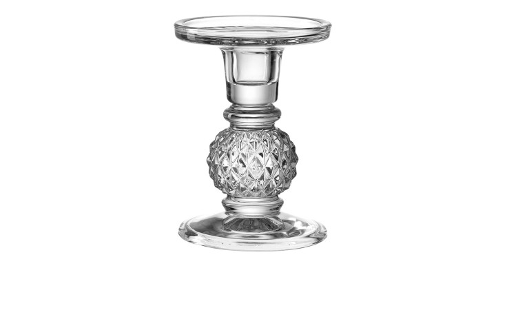 Der Leonardo Kerzenleuchter Poesia ist ein 12,8 cm großer Kerzenhalter aus transparentem Glas mit runder Basis und strukturierter Mitte.