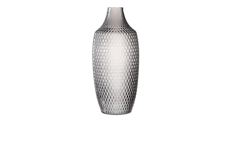 Leonardo Vase Poesia, 40 cm, grau, mit diamantgemusterter Oberfläche & schmalem Hals vor weißem Hintergrund.