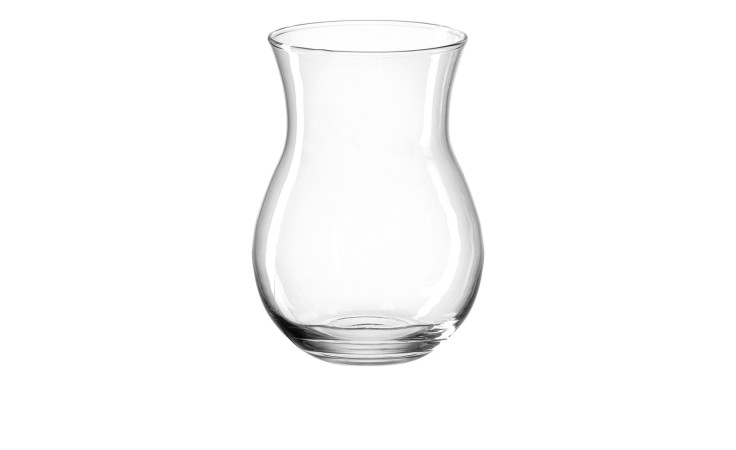 Leonardo Vase Casolare, 18 cm hoch, transparentes Glas mit breitem Boden und schmalem Hals, auf weißem Grund.
