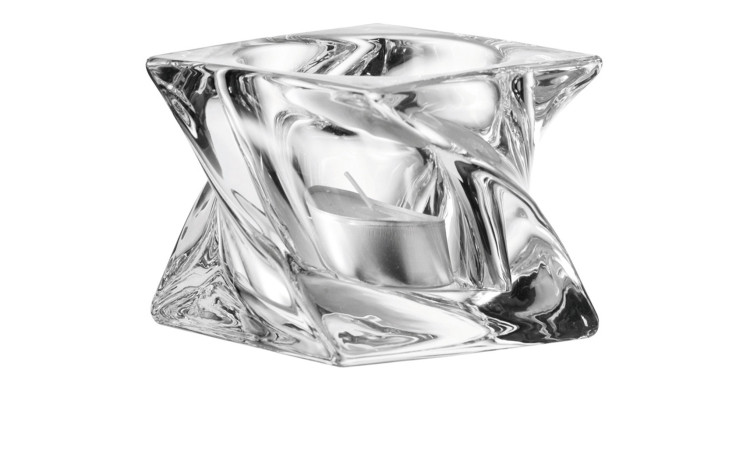 Das Leonardo Tischlicht Volare 6,5 cm ist ein transparenter, gedrehter Teelichthalter aus Glas mit weißem Hintergrund.