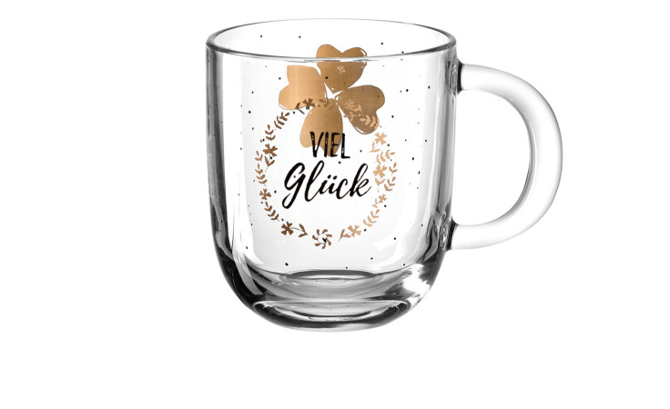 Leonardo Tasse Emozione 400 ml Glasbecher mit goldenem vierblättrigem Kleeblatt, "Viel Glück" und dekorativem Kranzdesign.