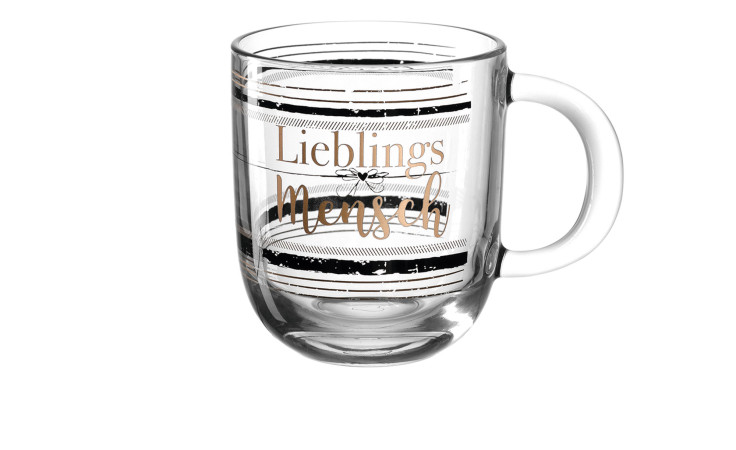 Leonardo Tasse Emozione 400 ml Glasbecher mit schwarz-goldenen Streifen und Lieblings Mensch-idealer stilvoller Dekoration.