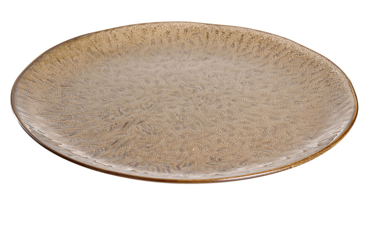 Ein runder, beiger Leonardo Keramikteller Matera 27 cm mit strukturierter Oberfläche sitzt auf einem weißen Hintergrund.