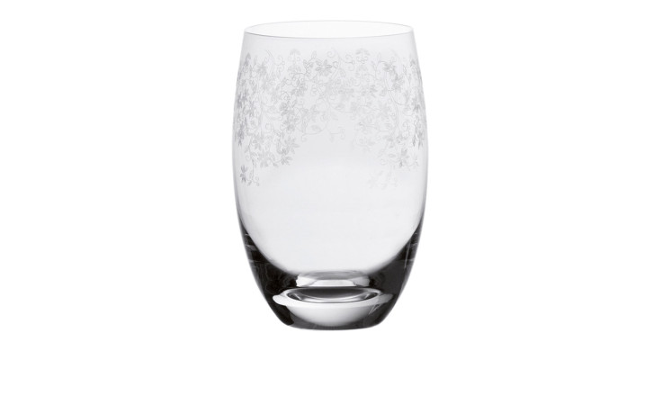 Leonardo Trinkglas Chateau 460ml, 12 cm hoch, mit geätztem Blumenrand, abgebildet auf weißem Hintergrund.