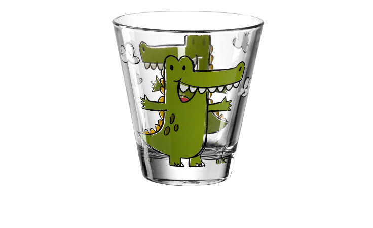 Becher Bambini 215 ml von Leonardo: klares Glas, 9 cm hoch, grünes Cartoon-Krokodil und Wolken mit mehrfarbigem Druck.