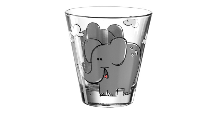 Becher Bambini 215 ml von Leonardo, 9 cm hoch, bunt mit Cartoon-Elefant und weißen Wolken.