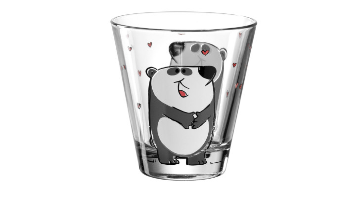 Becher Bambini 215 ml von Leonardo, mehrfarbiges Glas, 9 cm hoch, mit Cartoon-Panda und roten Herzen.