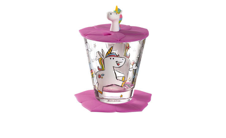 Das Leonardo Kinder-Trinkset Bambini 3 tlg. hat ein Einhornglas, einen rosa Silikondeckel und einen passenden rosa Untersetzer.
