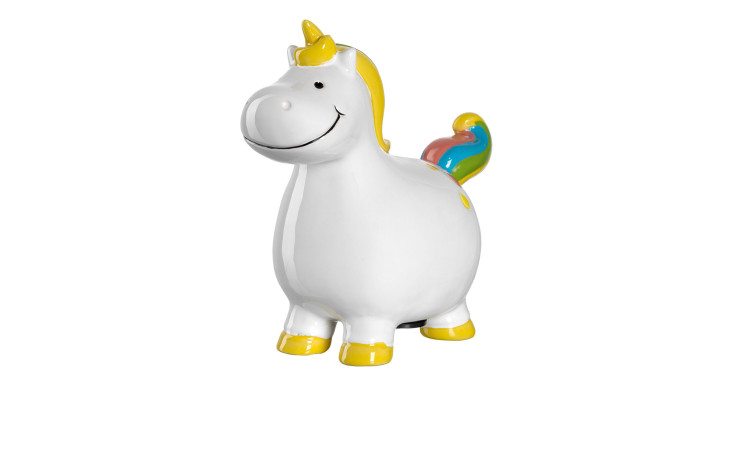 Die Leonardo Spardose Bambini 14 cm ist ein buntes Keramik-Einhorn mit gelbem Horn und Hufen vor weißem Hintergrund.