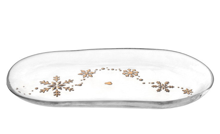 Stollenplatte Autentico 35 x 15 cm aus transparentem Kalk-Soda-Glas mit goldenem Schneeflocken.