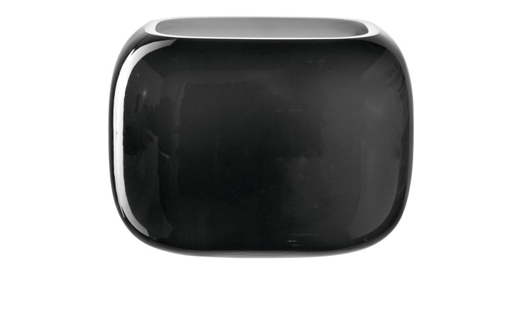 Eine glänzend schwarze quadratische Leonardo Vase Milano, Keramik mit abgerundeten Kanten, 18x13x14 cm, Vorderansicht.