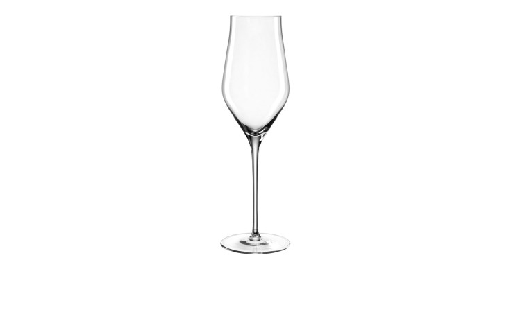 Das Leonardo Champagnerglas Brunelli 340 ml ist eine transparente Flöte, 25 cm hoch, mit einem langen Stiel auf weißem Hintergrund.