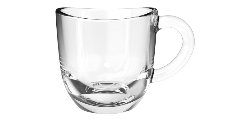 Leonardo Espressotasse Napoli 80 ml, transparenter Glasbecher mit rundem Henkel, 6 cm hoch auf weißem Hintergrund.