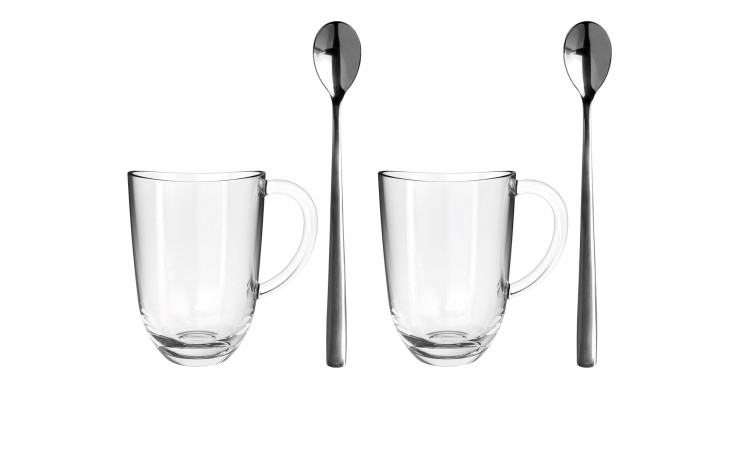 Zwei Leonardo Latte Macchiato-Set Napoli Becher mit Henkel und Löffel sind auf weißem Hintergrund abgebildet.