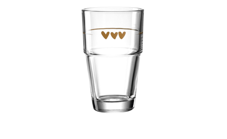 Auf dem Leonardo Latte Macchiato Glas Solo 410 ml sind im oberen Bereich drei goldene Herzformen aufgedruckt.